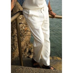 Proper Cloth Amalfi Drawstring Pants Sz 35 Ivory Bergamo Sage Twill Linen Blend